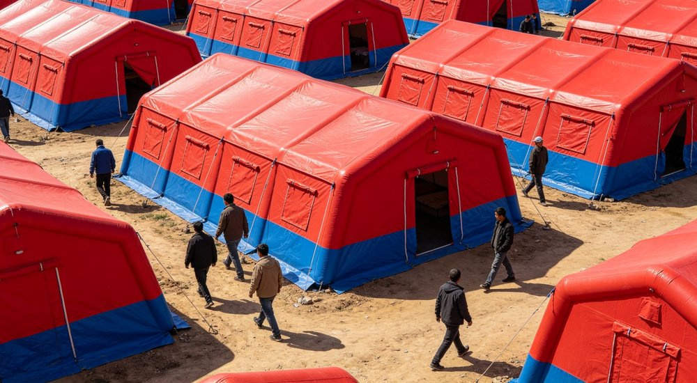 Wide aerial view of disaster relief camp with rows of red and white inflatable emergency tents on green grass, blue sky, bright daylight