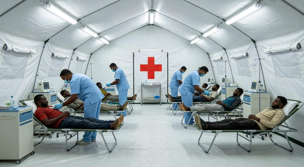Medical triage area inside red and white inflatable emergency tent, medical workers attending patients, bright clean interior red and white inflatable emergency shelter for disaster relief operations