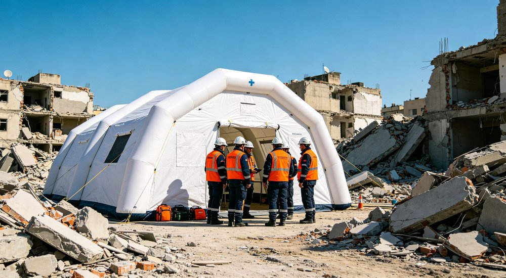 Earthquake disaster site with red and white inflatable emergency tent being deployed by rescue workers, rubble background, green grass red and white inflatable emergency shelter for disaster relief operations