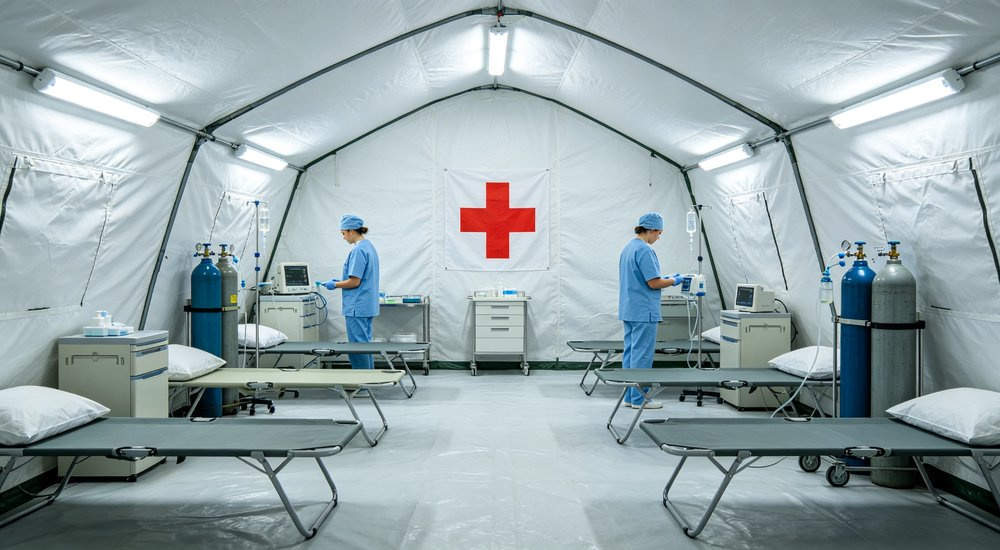 Medical configuration interior of inflatable tent with patient beds and equipment, bright lighting red and white inflatable emergency shelter for disaster relief operations