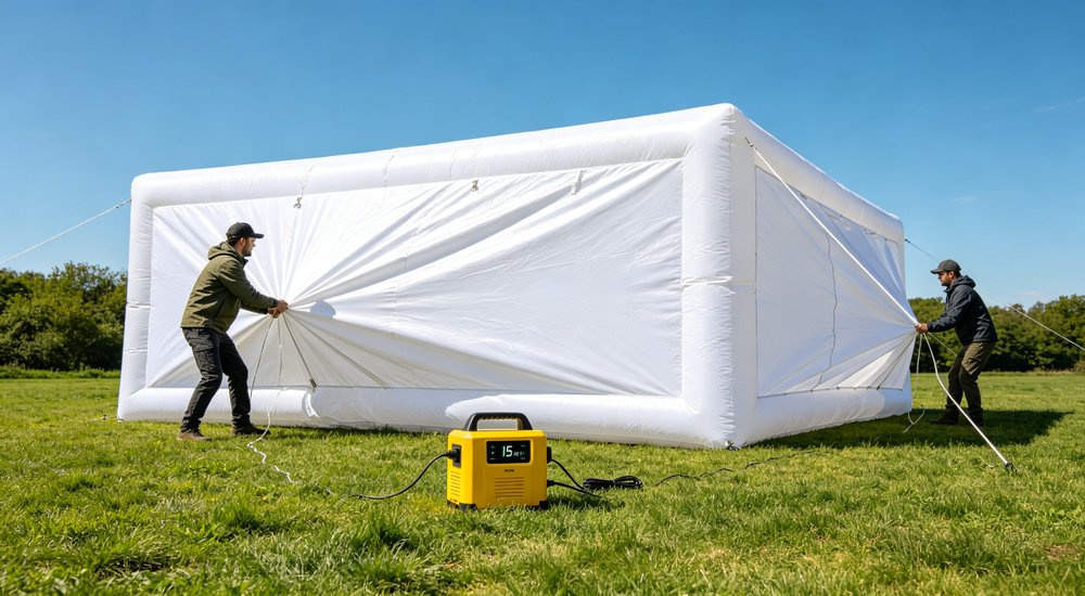 Workers setting up inflatable tent with timer showing 15 minute setup, green grass, blue sky red and white inflatable emergency shelter for disaster relief operations