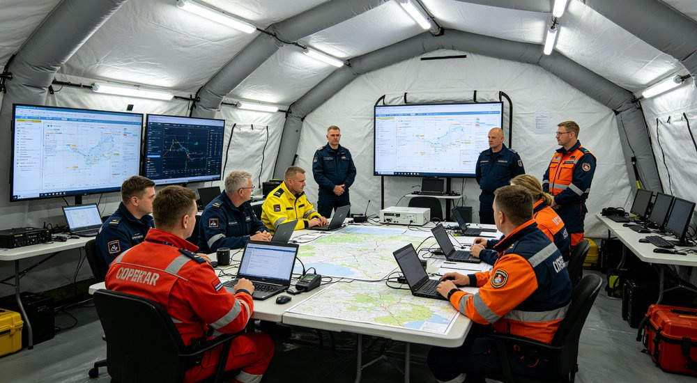 Command center configuration inside inflatable emergency tent with desks and communication equipment, bright lighting red and white inflatable emergency shelter for disaster relief operations
