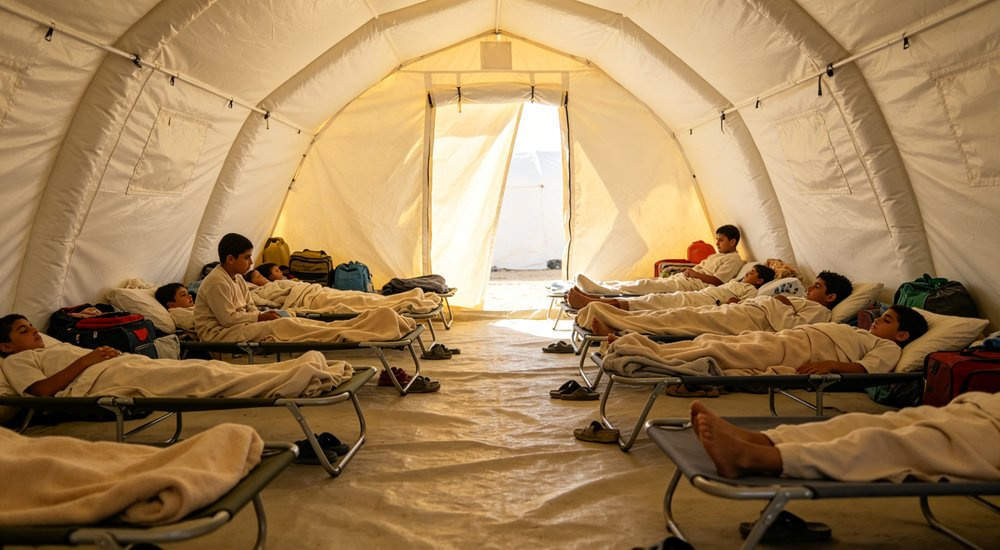 Refugee shelter camp with red and white inflatable emergency tents, families outside, green grass, blue sky red and white inflatable emergency shelter for disaster relief operations