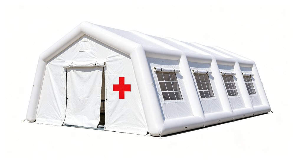 45 degree view of red and white inflatable emergency tent on white background, product photography red and white inflatable emergency shelter for disaster relief operations