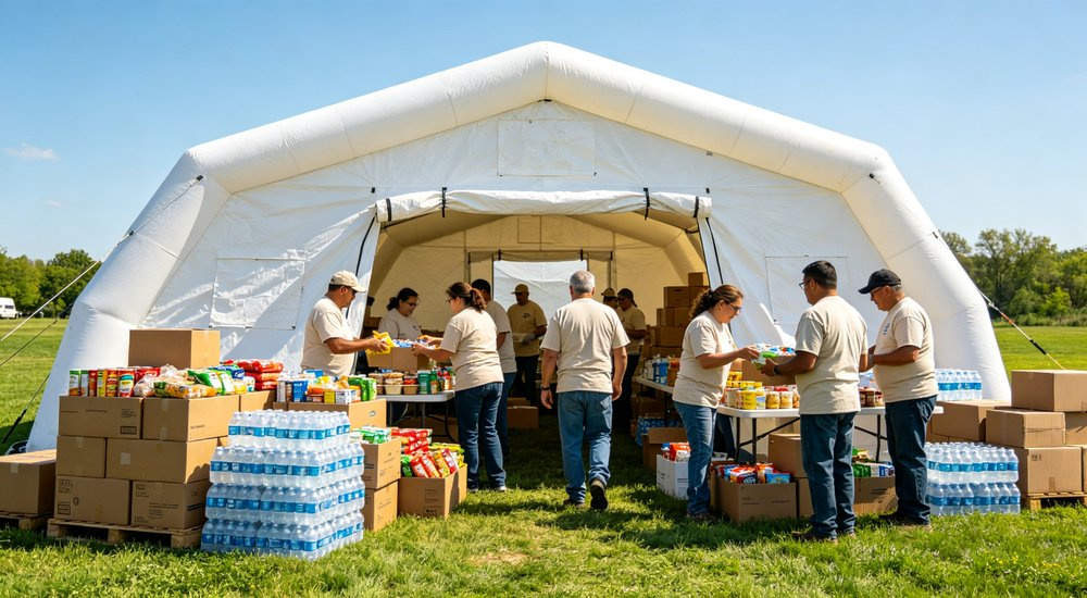 Humanitarian aid workers distributing relief supplies outside inflatable emergency tent, green grass, blue sky red and white inflatable emergency shelter for disaster relief operations