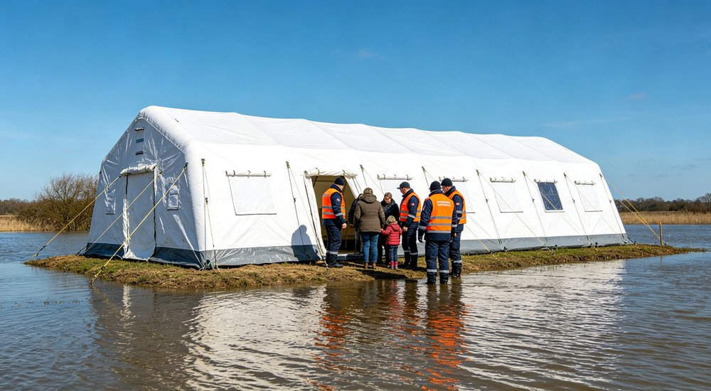 Flood rescue scene with red and white inflatable emergency tent on elevated ground, rescue workers, water nearby red and white inflatable emergency shelter for disaster relief operations
