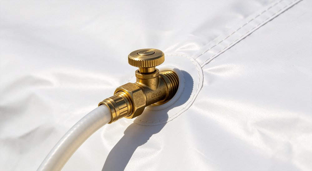 Close-up of inflatable tent inflation valve on red fabric, brass valve detail, bright lighting red and white inflatable emergency shelter for disaster relief operations