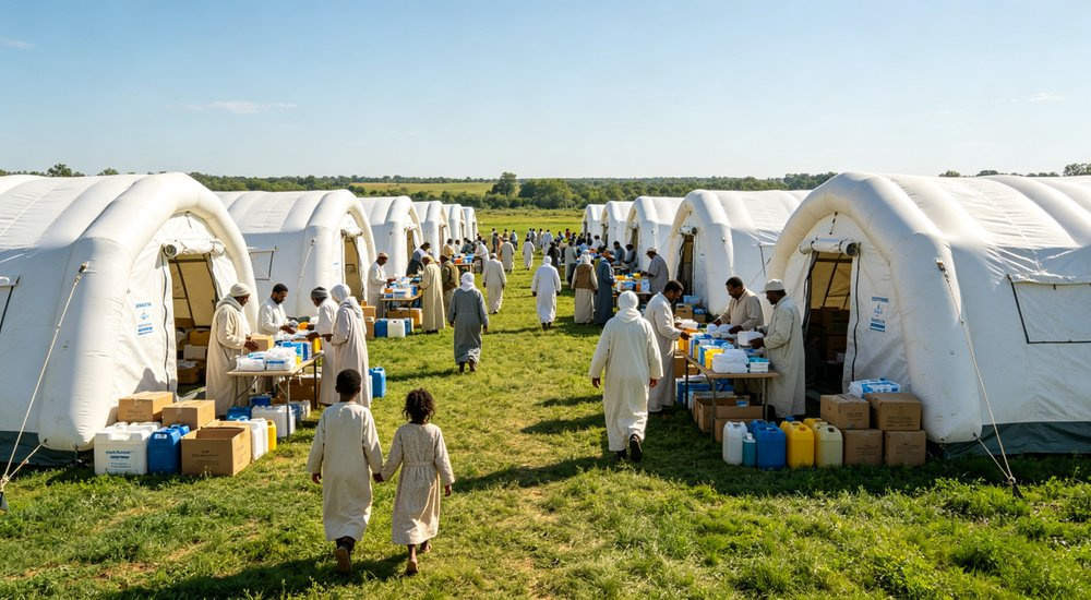 Humanitarian camp aerial view with rows of red and white inflatable tents, green grass, blue sky red and white inflatable emergency shelter for disaster relief operations