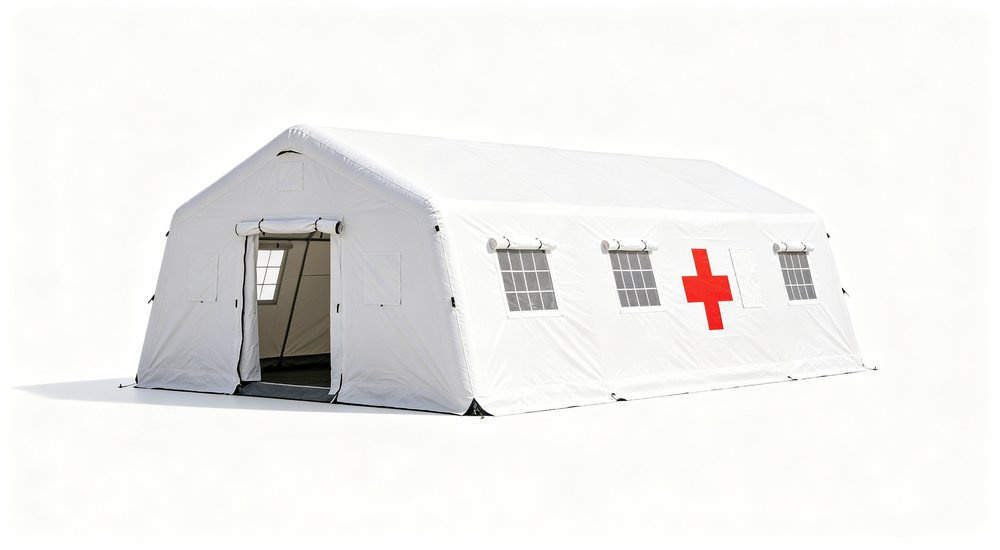 Front view of red and white inflatable emergency tent on white background, product photography red and white inflatable emergency shelter for disaster relief operations