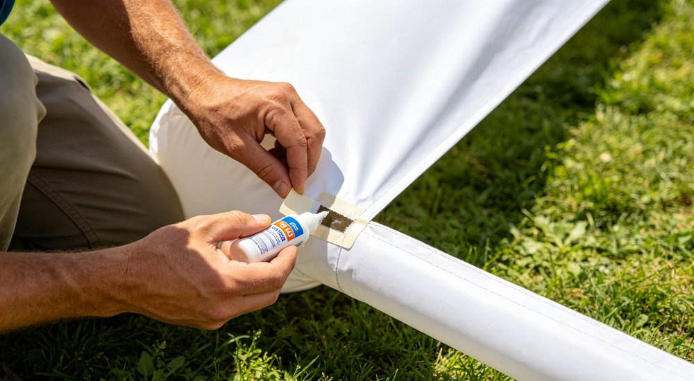 Worker applying PVC repair patch to inflatable tent, close-up detail, bright lighting red and white inflatable emergency shelter for disaster relief operations