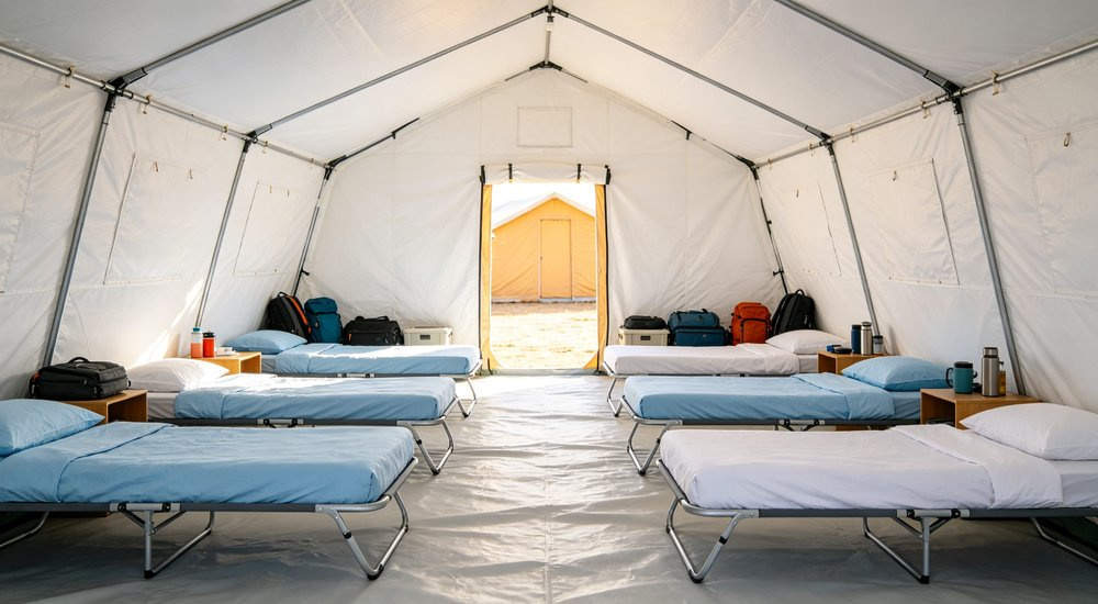 Temporary accommodation interior of inflatable emergency tent with beds and living space, bright lighting red and white inflatable emergency shelter for disaster relief operations