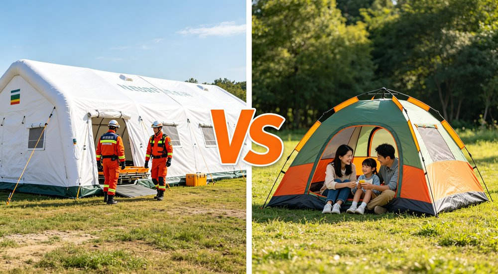 Size comparison between large institutional inflatable tent and small camping tent, side by side, green grass red and white inflatable emergency shelter for disaster relief operations