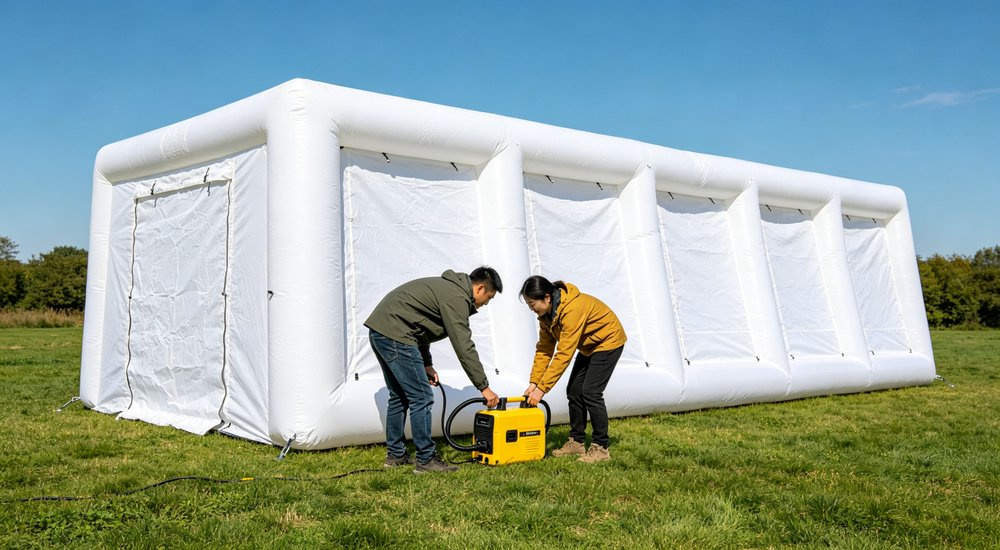 Two workers quickly setting up red and white inflatable emergency tent, 15 minute deployment, green grass, blue sky red and white inflatable emergency shelter for disaster relief operations
