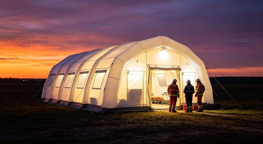 Night operation of inflatable emergency tent with interior lighting, warm glow, workers on duty red and white inflatable emergency shelter for disaster relief operations
