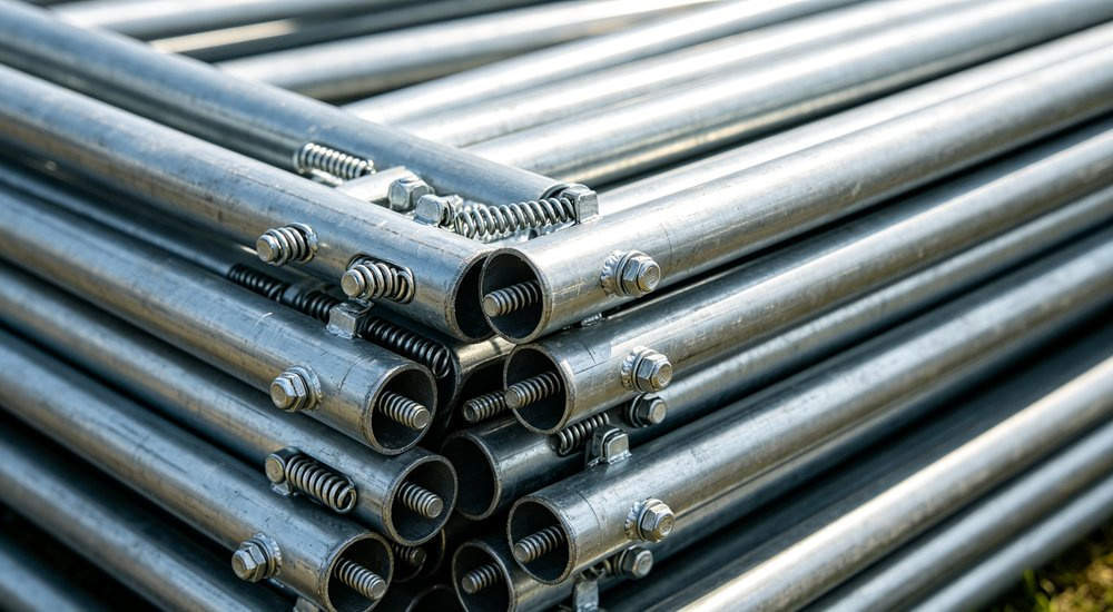 Metal frame tent poles and joints laid out on ground, steel tubing, product shot, bright lighting red and white inflatable emergency shelter for disaster relief operations