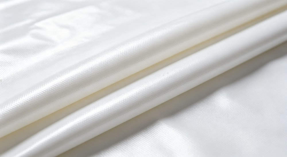 Close-up of heavy duty PVC coated polyester fabric for inflatable tent, texture detail, bright lighting red and white inflatable emergency shelter for disaster relief operations
