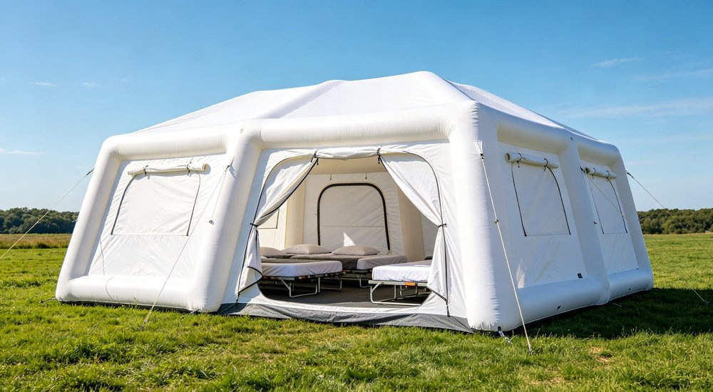 Medium 20 square meter red and white inflatable medical tent for 10-15 people, green grass, blue sky red and white inflatable emergency shelter for disaster relief operations