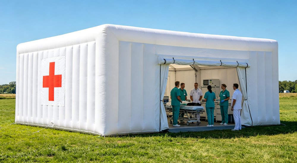 Large 30 square meter red and white inflatable field hospital tent, green grass, blue sky red and white inflatable emergency shelter for disaster relief operations