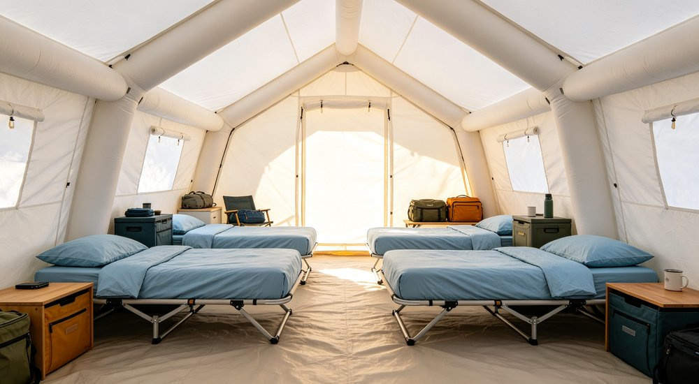 Accommodation configuration interior of inflatable tent with bunk beds and living space, bright lighting red and white inflatable emergency shelter for disaster relief operations