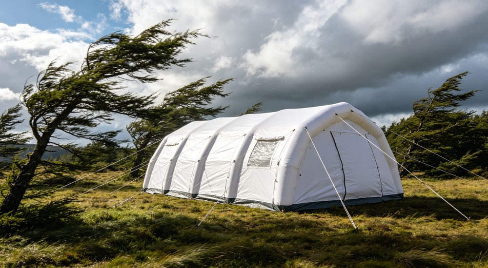 Inflatable emergency tent in strong wind with guy ropes, wind resistance test, green grass, windy conditions red and white inflatable emergency shelter for disaster relief operations