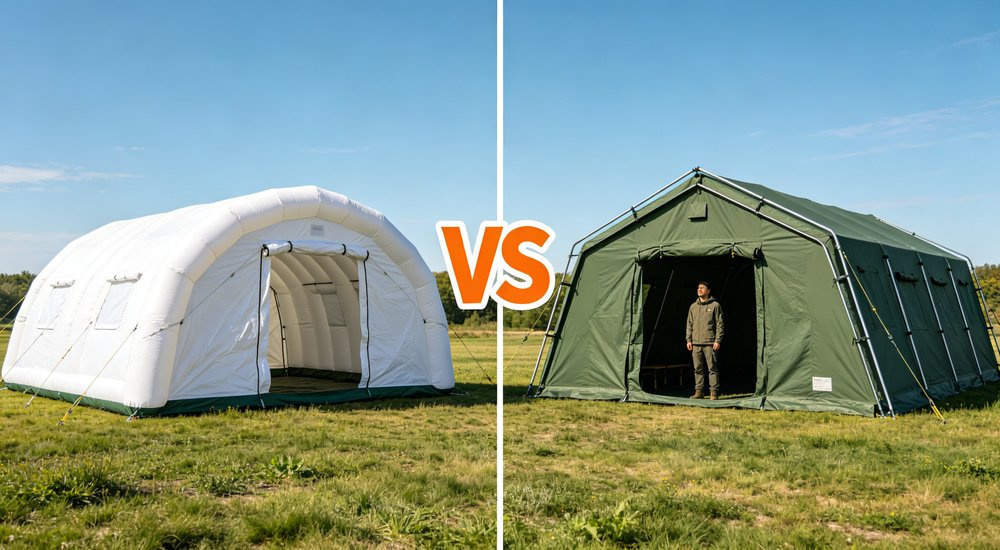 Side by side comparison of inflatable tent vs frame tent, both large emergency shelters, green grass, blue sky red and white inflatable emergency shelter for disaster relief operations
