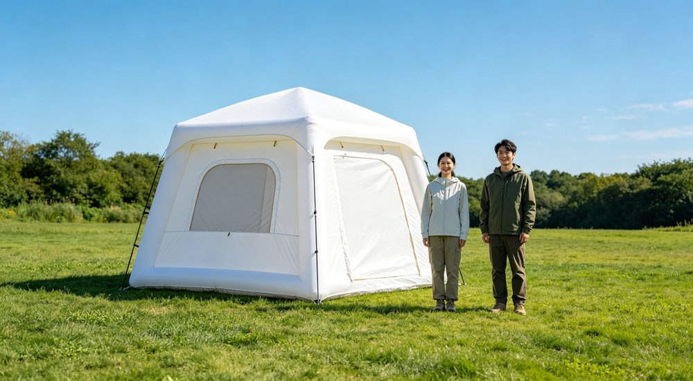 Small 12 square meter red and white inflatable emergency tent for 3-6 people, green grass, blue sky red and white inflatable emergency shelter for disaster relief operations