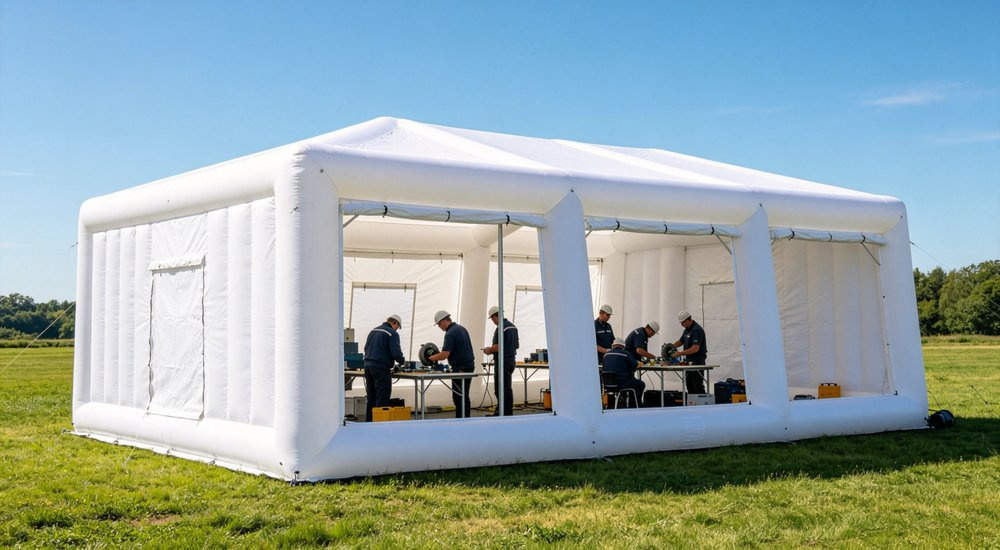 Extra large 40 square meter red and white inflatable emergency shelter, green grass, blue sky red and white inflatable emergency tent for disaster relief operations