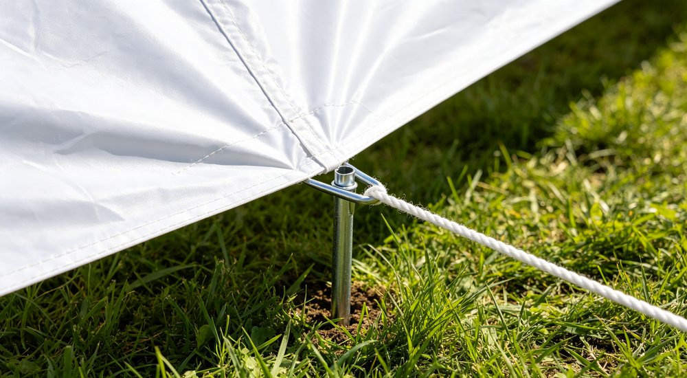 Metal ground stakes and guy ropes securing inflatable tent, anchoring system, green grass red and white inflatable emergency shelter for disaster relief operations