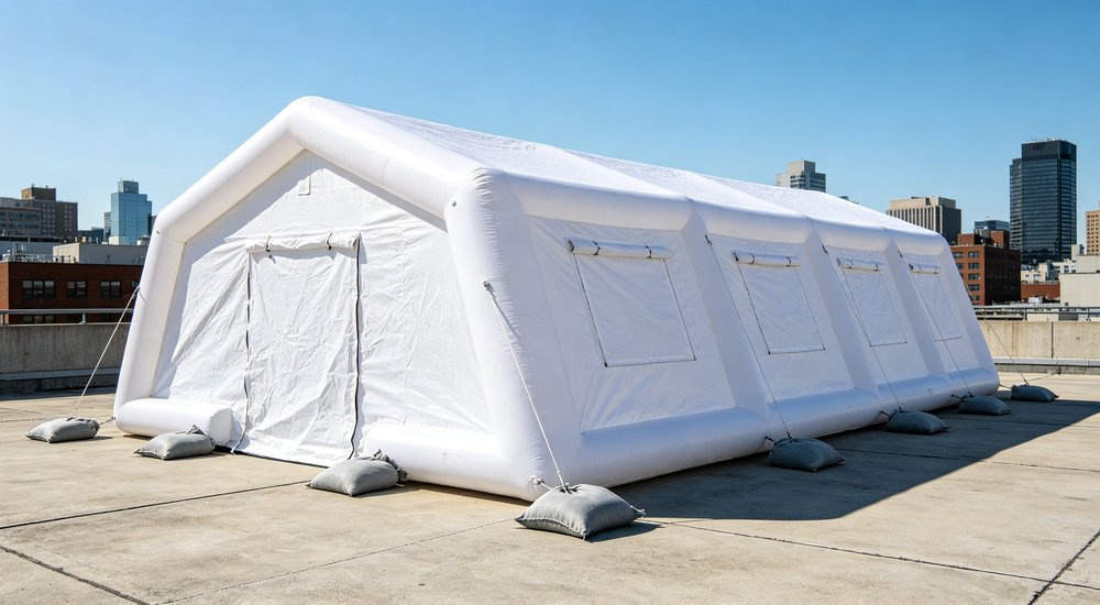 Concrete weights and sandbags used to secure inflatable tent on hard surface, alternative anchoring red and white inflatable emergency shelter for disaster relief operations