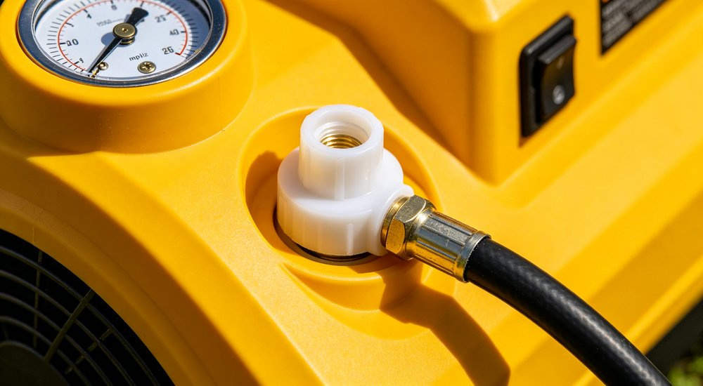 Electric air pump for inflatable tent, black and yellow portable pump with hose, product shot red and white inflatable emergency shelter for disaster relief operations