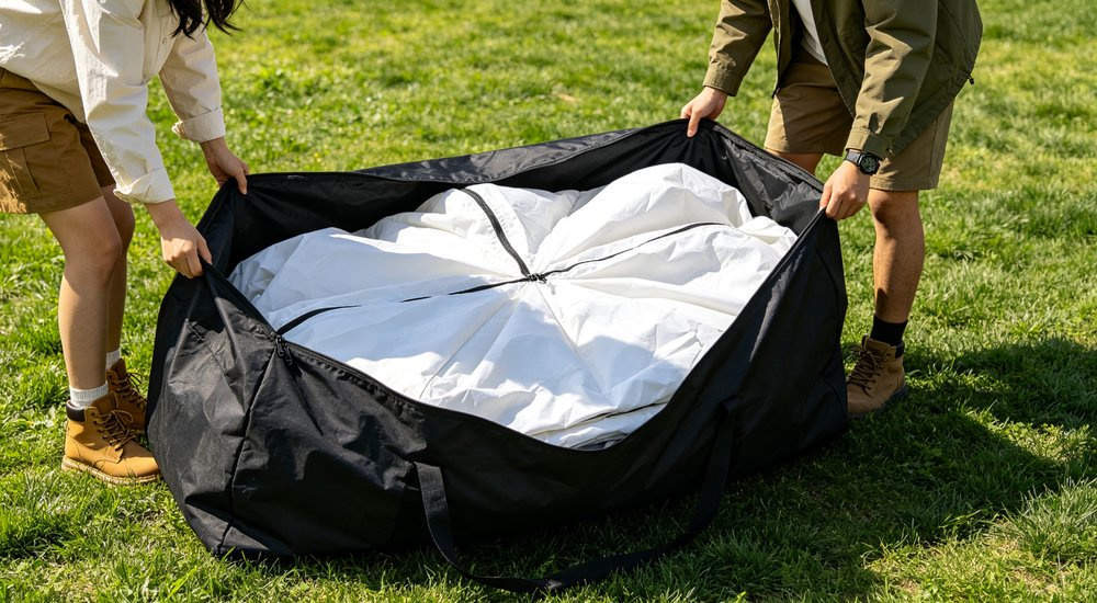 Worker carrying inflatable tent storage bag showing compact packed size, green grass, blue sky red and white inflatable emergency shelter for disaster relief operations