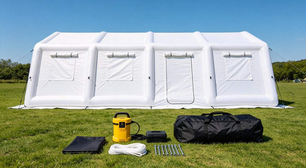 Complete inflatable tent accessory set laid out with pump stakes ropes repair kit, product shot red and white inflatable emergency shelter for disaster relief operations