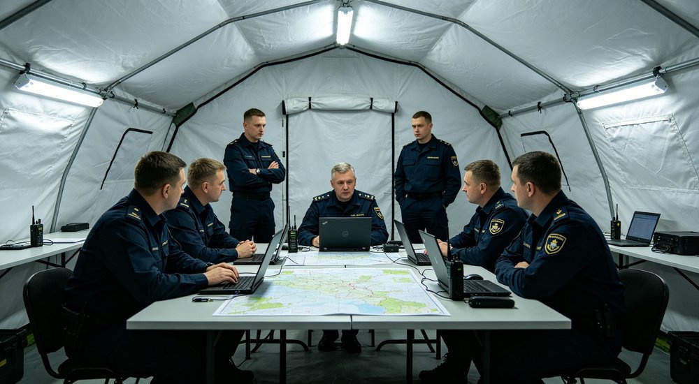 Command center configuration of inflatable tent with desks and communication equipment, bright lighting red and white inflatable emergency shelter for disaster relief operations