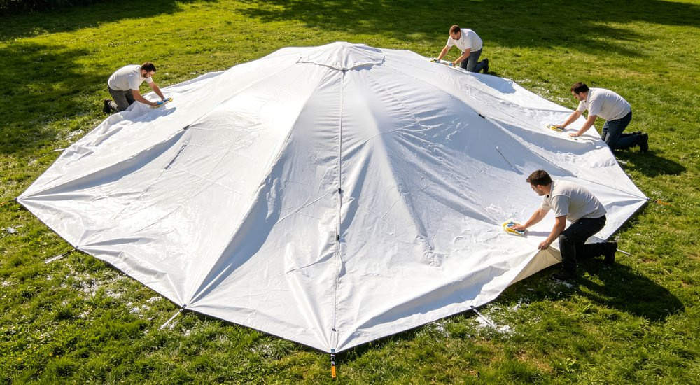 Cleaning and drying inflatable tent after use, worker hanging PVC fabric in sun, bright daylight red and white inflatable emergency shelter for disaster relief operations