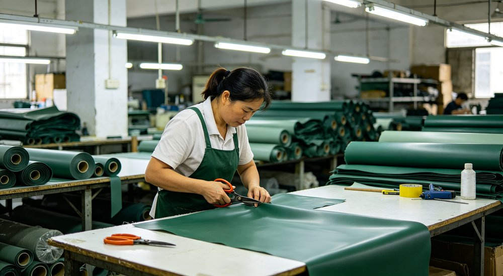 Chinese factory workers with Asian faces manufacturing inflatable tents, bright clean workshop red and white inflatable emergency shelter for disaster relief operations