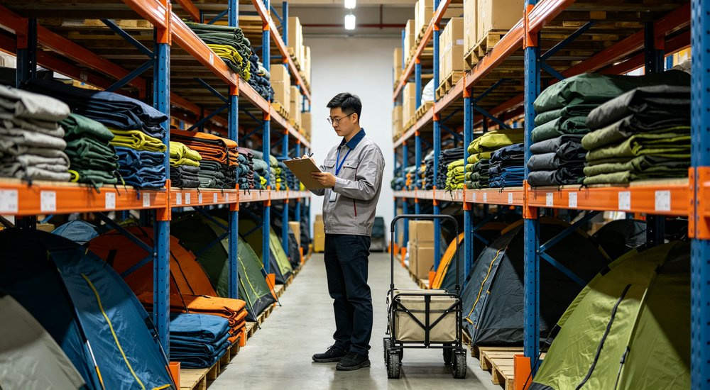 Warehouse quality control of inflatable tents, Asian female inspector checking product, bright lighting red and white inflatable emergency shelter for disaster relief operations