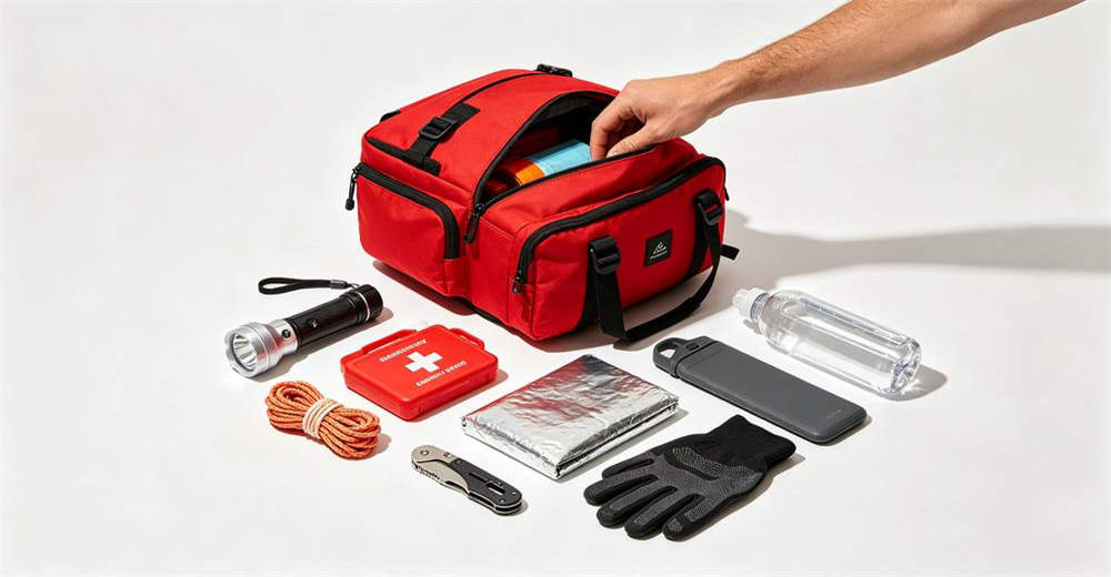 Open red emergency backpack with contents laid flat including flashlight first aid kit rope blanket multitool and water bottle visible inside compartments