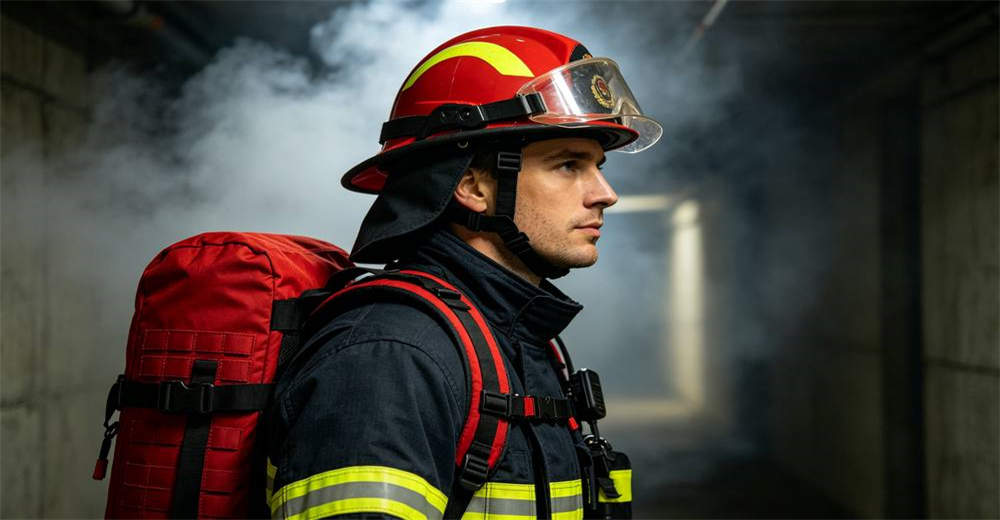 Close up side view of firefighter wearing red rescue backpack with helmet strap MOLLE backpack and reflective strips visible in smoke corridor