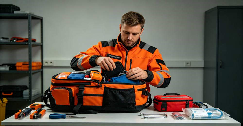 Caucasian male rescue worker in orange jacket packing black emergency backpack on white workbench with tools and medical kit beside
