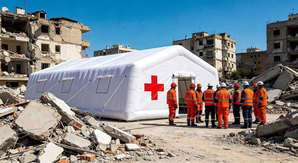 Earthquake disaster site with red and white inflatable medical tent, rescue workers, green grass red and white inflatable emergency shelter for disaster relief operations