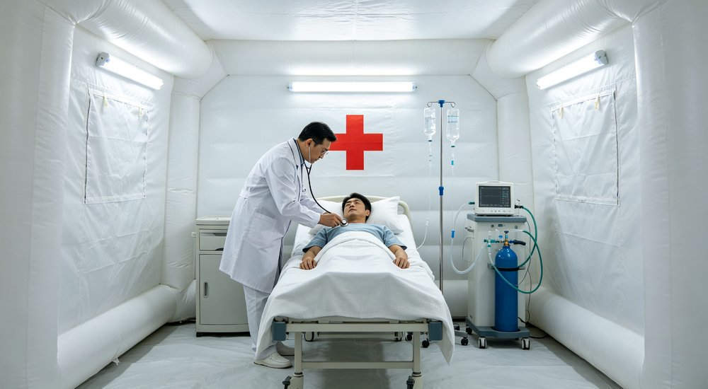 Interior treatment area inside red and white inflatable medical tent, medical workers treating patients red and white inflatable emergency shelter for disaster relief operations
