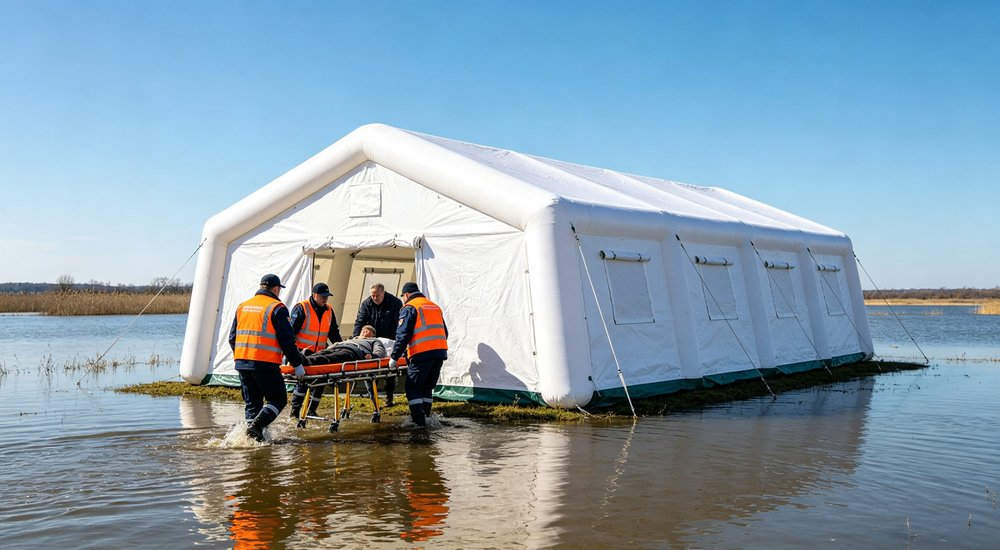 Flood medical response scene with red and white inflatable tent, rescue workers, water nearby red and white inflatable emergency shelter for disaster relief operations