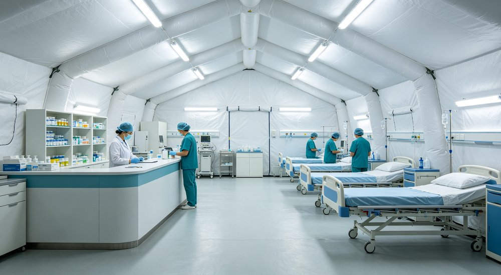 Zoned layout inside inflatable medical tent showing triage waiting treatment areas, bright interior red and white inflatable emergency shelter for disaster relief operations