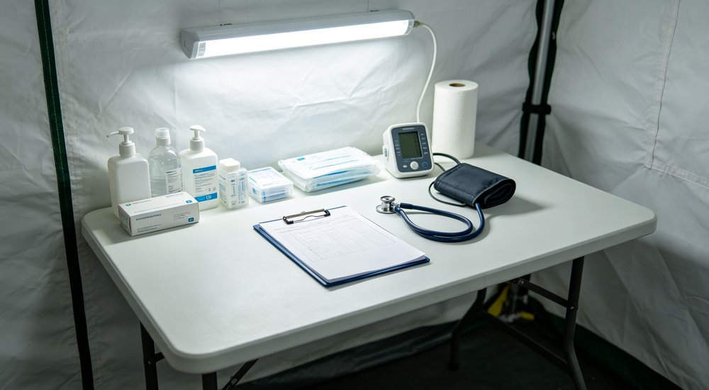 Triage desk inside red and white inflatable medical tent with medical staff, bright interior red and white inflatable emergency shelter for disaster relief operations