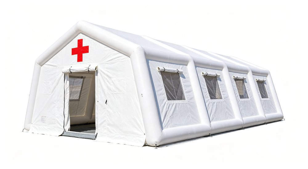45 degree view of red and white inflatable medical tent on white background, product photography red and white inflatable emergency shelter for disaster relief operations