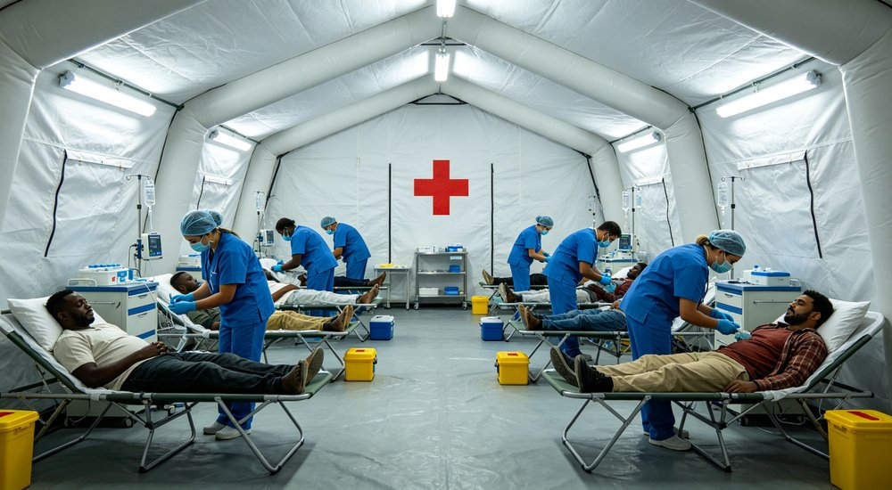 Front view of red and white inflatable medical tent on white background, product photography red and white inflatable emergency shelter for disaster relief operations