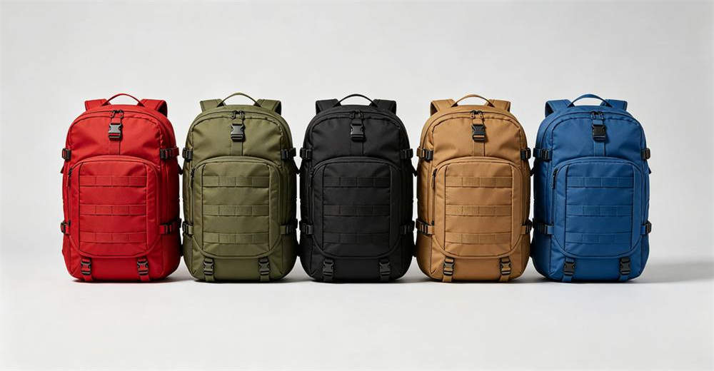 Caucasian quality inspector measuring bulk emergency backpack with yellow measuring tape in bright modern factory sewing workshop with shelves behind