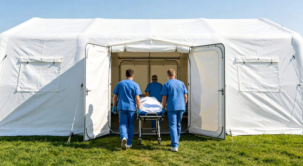 Stretcher entrance of red and white inflatable medical tent, medical workers bringing patient in red and white inflatable emergency shelter for disaster relief operations