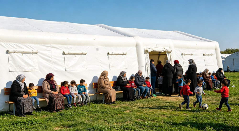 Refugees waiting outside red and white inflatable medical tent, families on green grass red and white inflatable emergency shelter for disaster relief operations