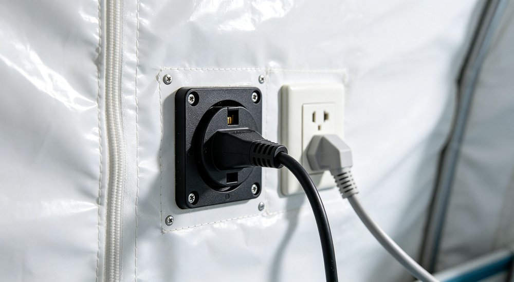 Equipment port and utility interface on inflatable medical tent wall, close-up detail red and white inflatable emergency shelter for disaster relief operations